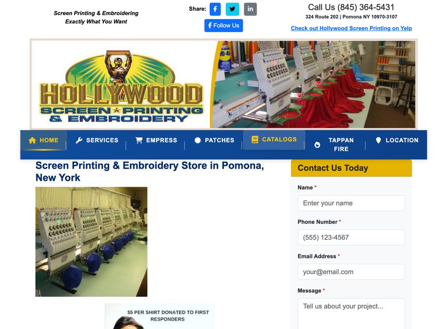 Old Hollywood Screen Printing website, with a phone number and contact form for orders